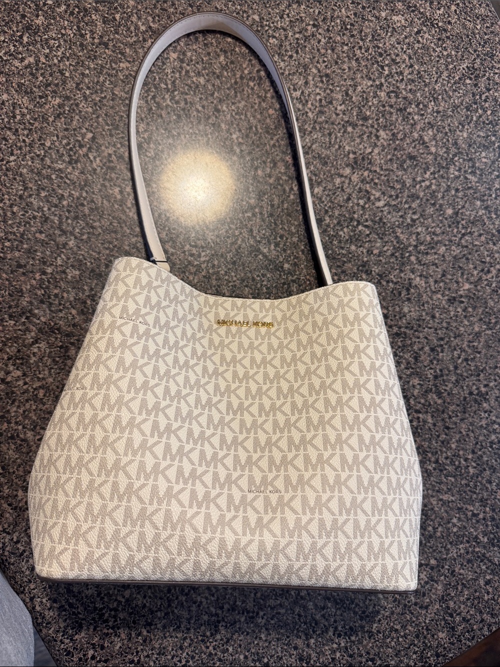 Michael Kors Cream MK Signature Logo Shoulder Tote and matching wallet